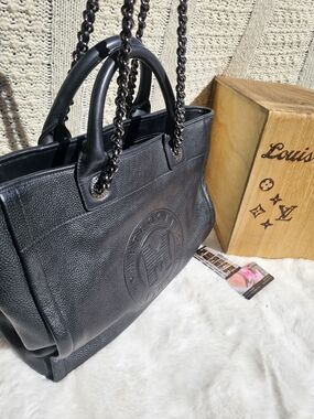 Black Embossed Leather Tote with Chain Handles